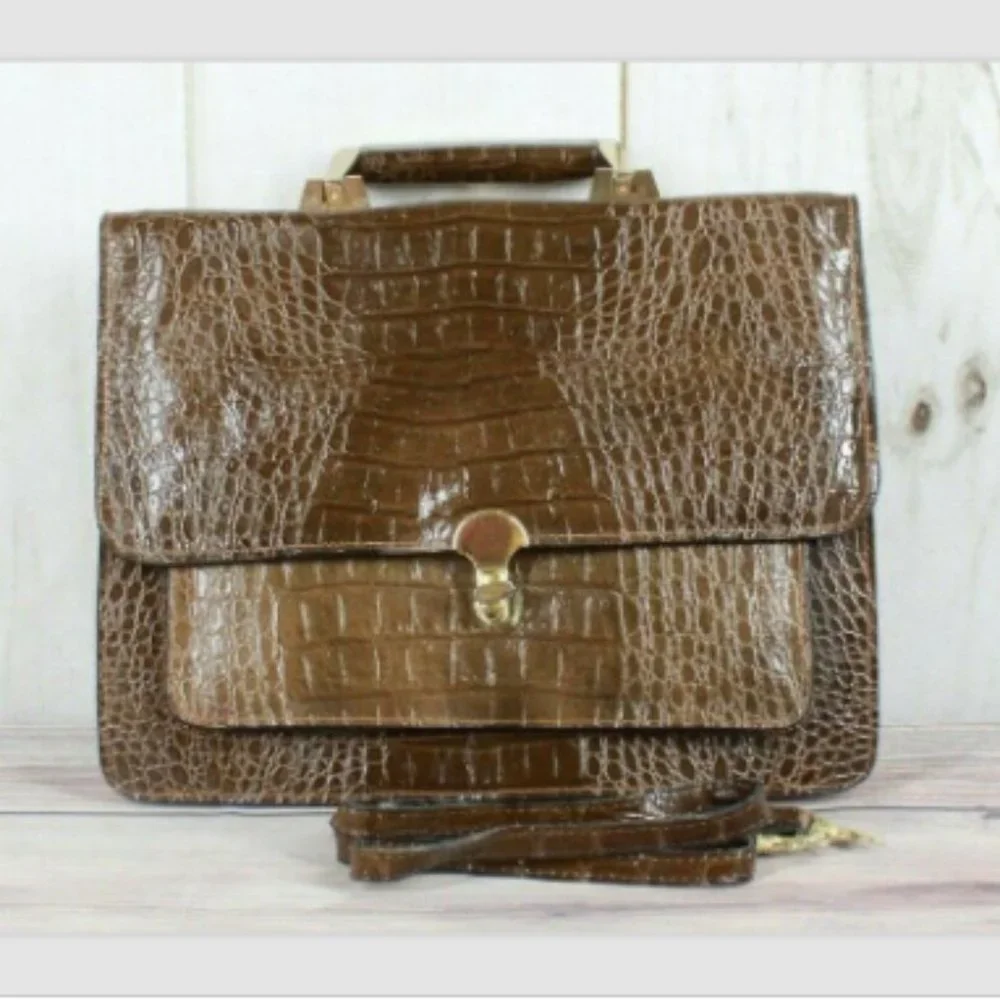 Vintage Brown Croc Leather Briefcase Document with Strap Shoulder Bag - Picture 1 of 7
